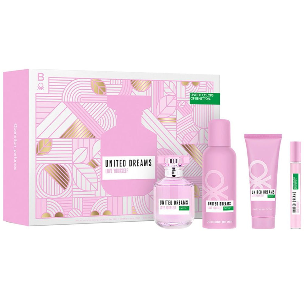 Fragancia Set Benetton United Dreams Love Yourself Edt 80 Ml + Desodorante 150 Ml + Body Lotion 75 Ml + Edt 10 Ml para Mujer